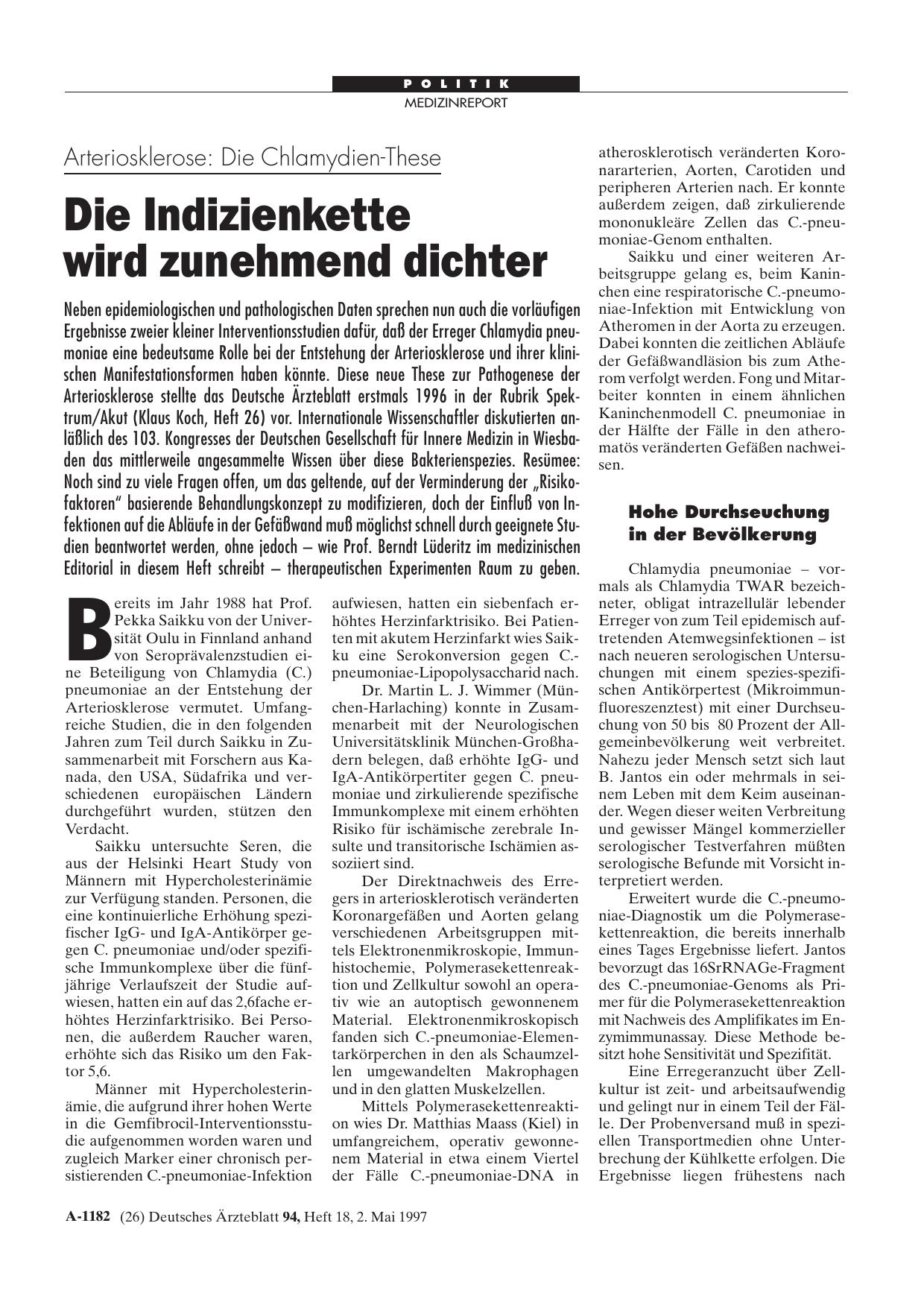 Vorschauseite 1: Arteriosklerose – Die Chlamydien-These: Die Indizienkette wird zunehmend dichter