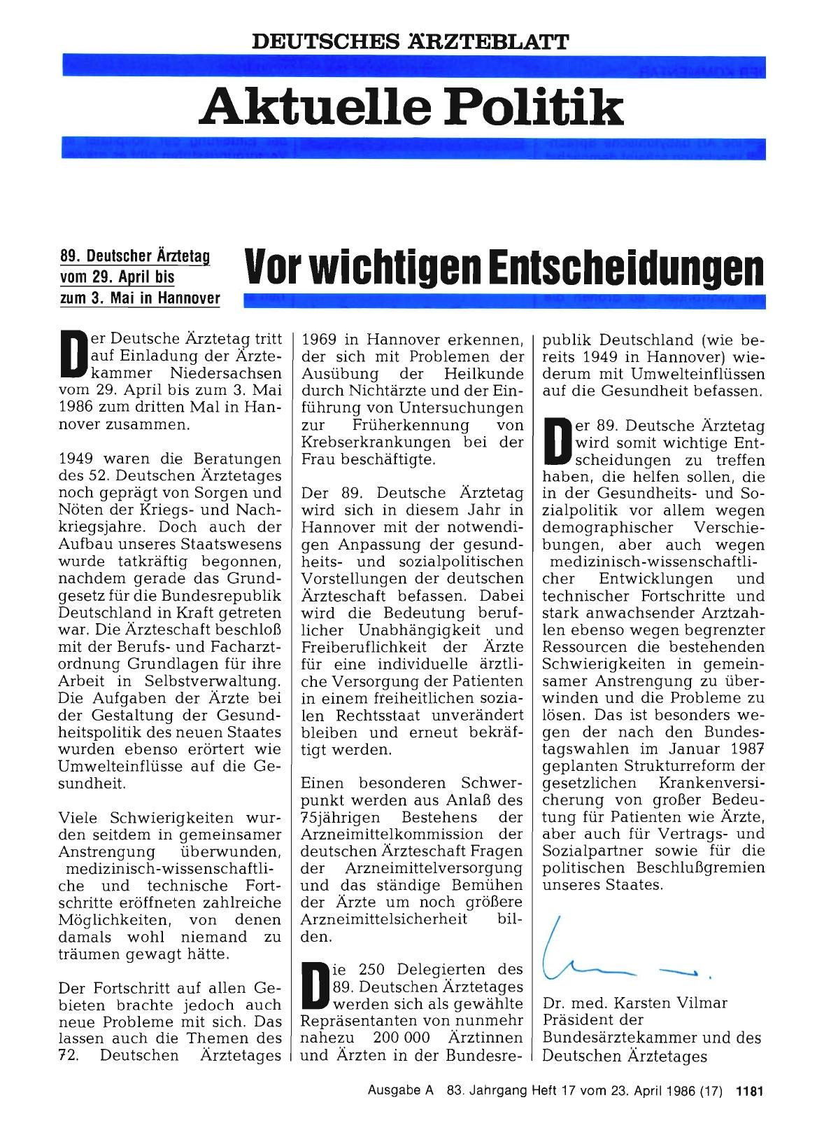 Vorschauseite 1: 89. Deutscher Ärztetag: Vor wichtigen Entscheidungen