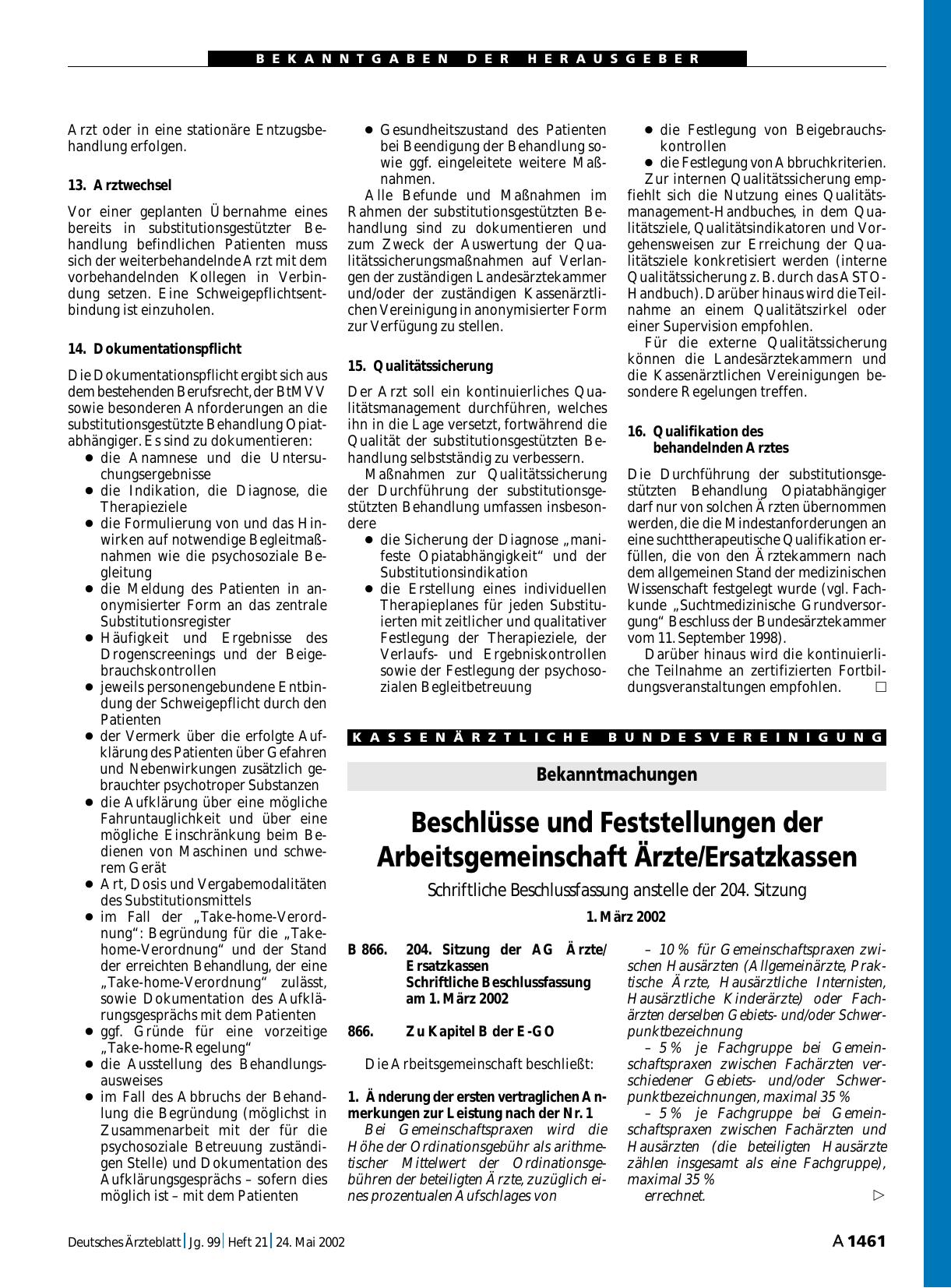 Vorschauseite 1: Bekanntmachungen: Beschlüsse und Feststellungen der Arbeitsgemeinschaft Ärzte/Ersatzkassen