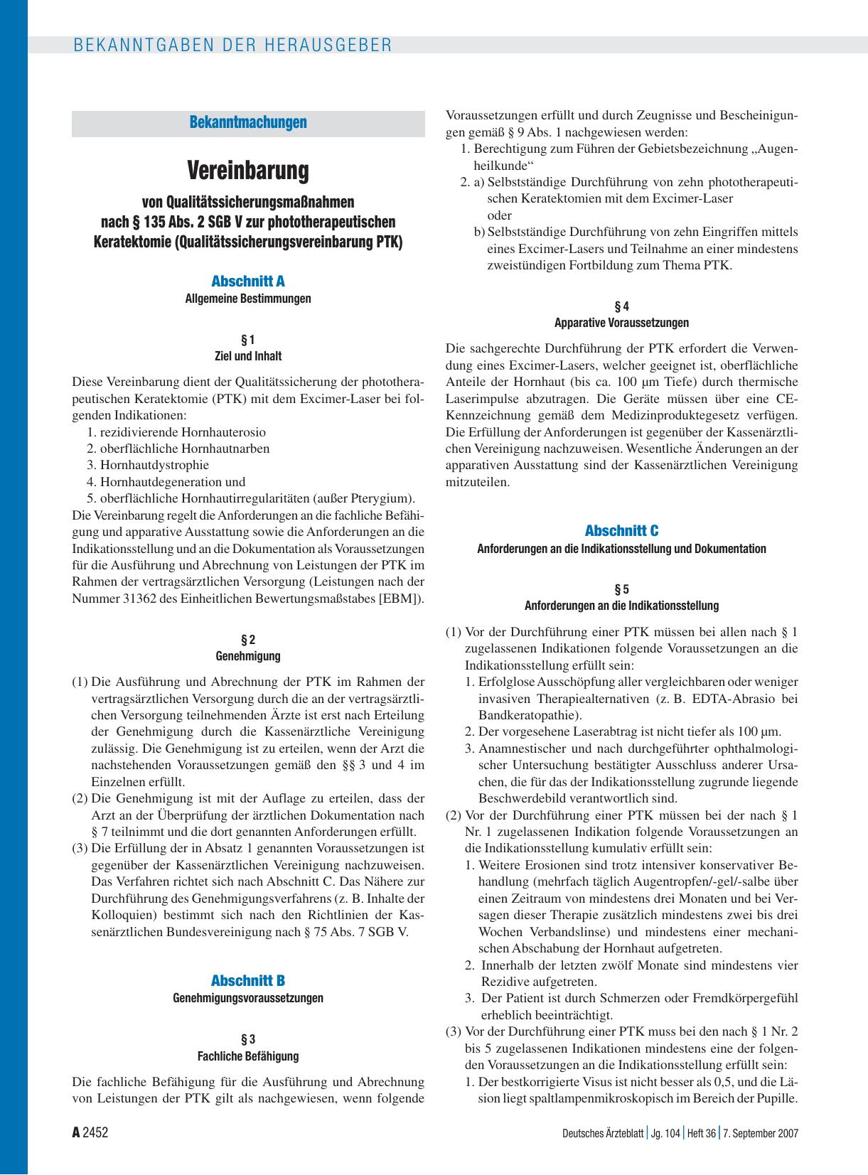 Vorschauseite 1: Bekanntmachungen: Vereinbarung von Qualitätssicherungsmaßnahmen nach § 135 Abs. 2 SGB V zur phototherapeutischen Keratektomie (Qualitätssicherungsvereinbarung PTK)