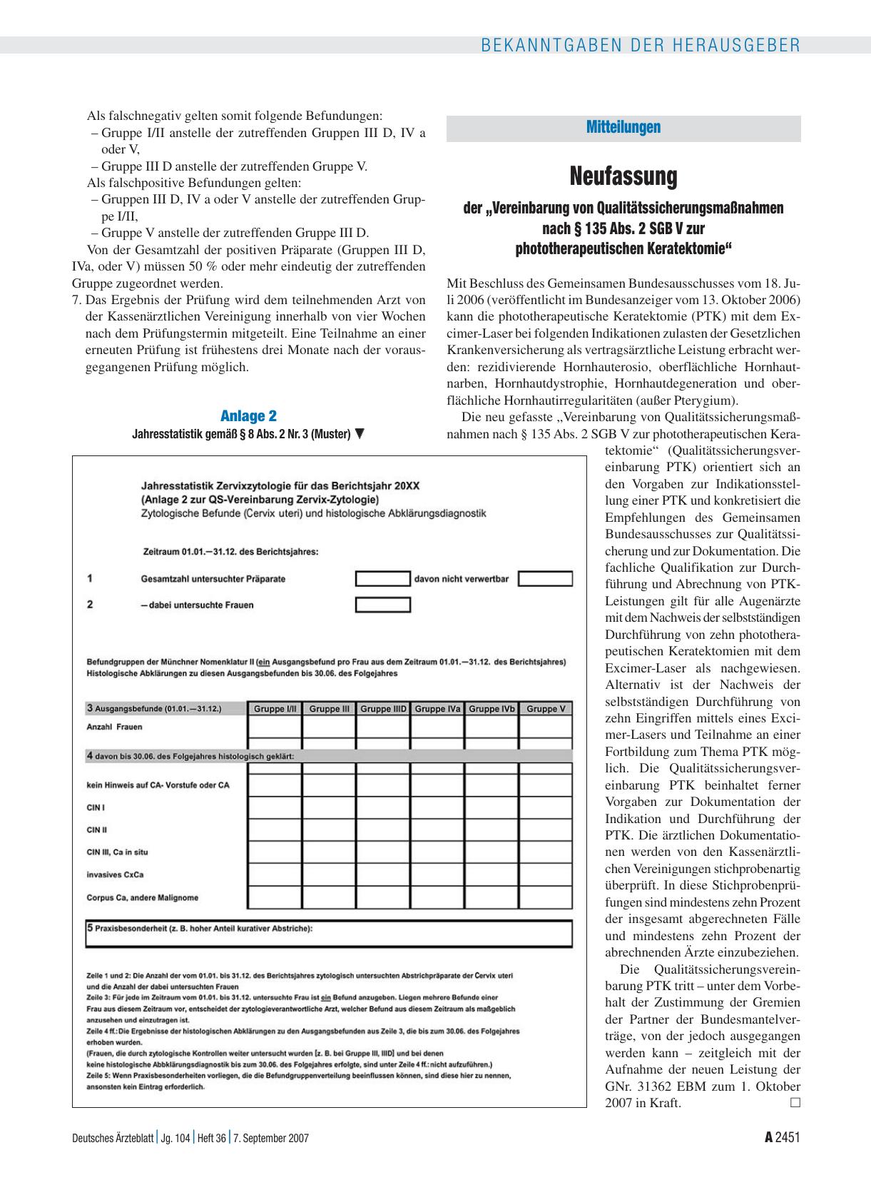 Vorschauseite 1: Mitteilungen: Neufassung der „Vereinbarung von Qualitätssicherungsmaßnahmen nach § 135 Abs. 2 SGB V zur phototherapeutischen Keratektomie“