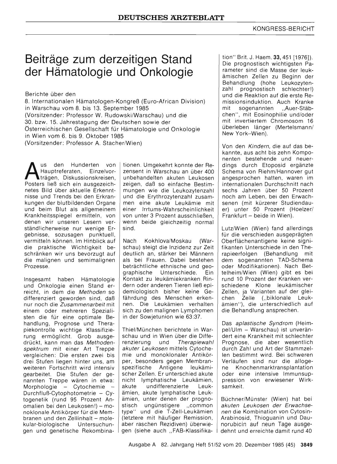 Vorschauseite 1: Beiträge zum derzeitigen Stand der Hämatologie und Onkologie