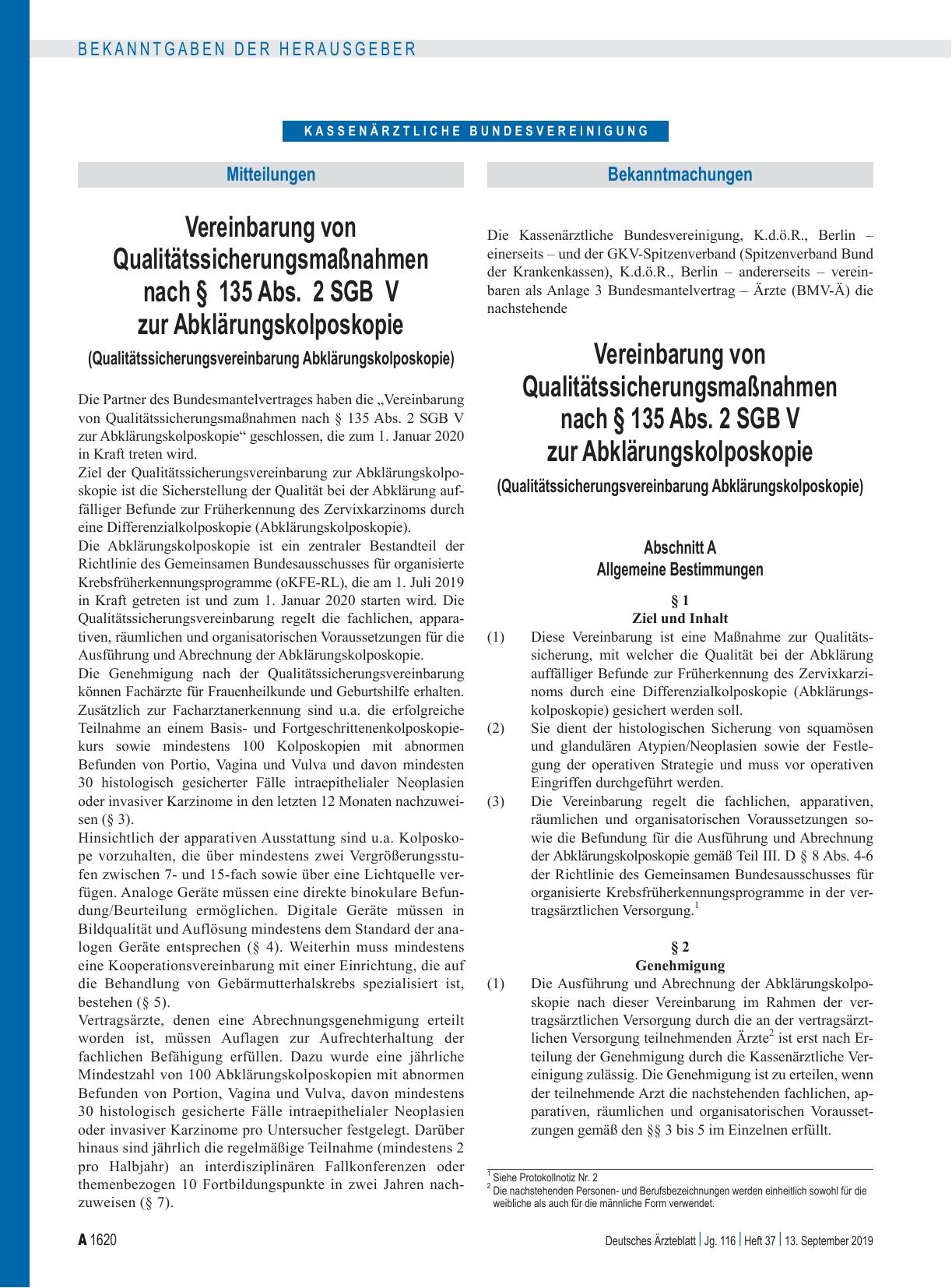 Vorschauseite 1: Vereinbarung von Qualitätssicherungsmaßnahmen nach § 135 Abs. 2 SGB V zur Abklärungskolposkopie (Qualitätssicherungsvereinbarung Abklärungskolposkopie): Abschnitt A, Abschnitt B,…