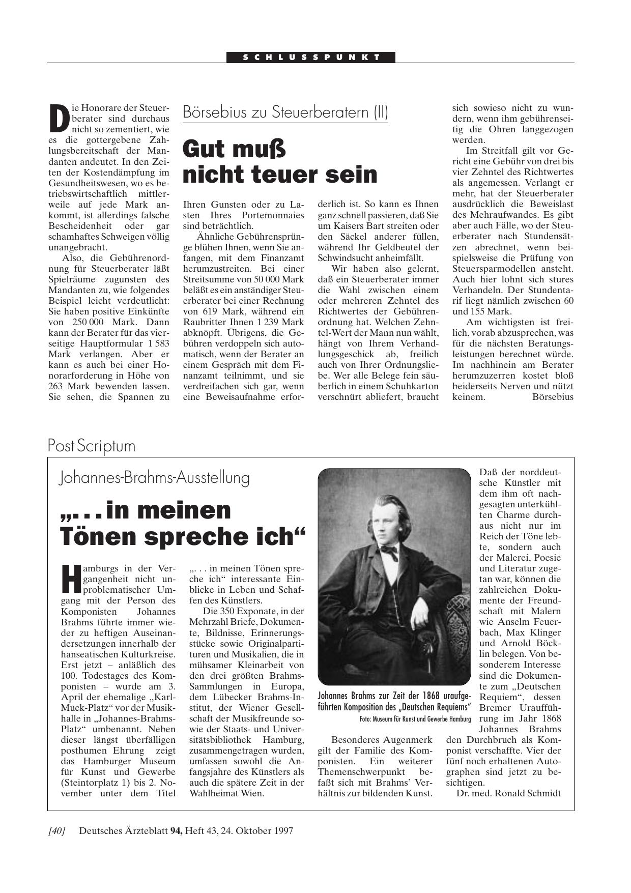 Vorschauseite 1: Johannes-Brahms-Ausstellung: „. .. in meinen Tönen spreche ich“