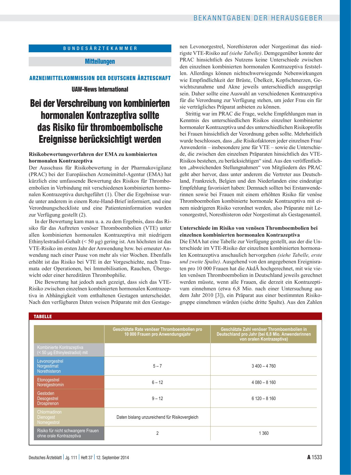 Vorschauseite 1: Arzneimittelkommission der Deutschen Ärzteschaft: UAW-News International Bei der Verschreibung von kombinierten hormonalen Kontrazeptiva sollte das Risiko für thromboembolische Er…