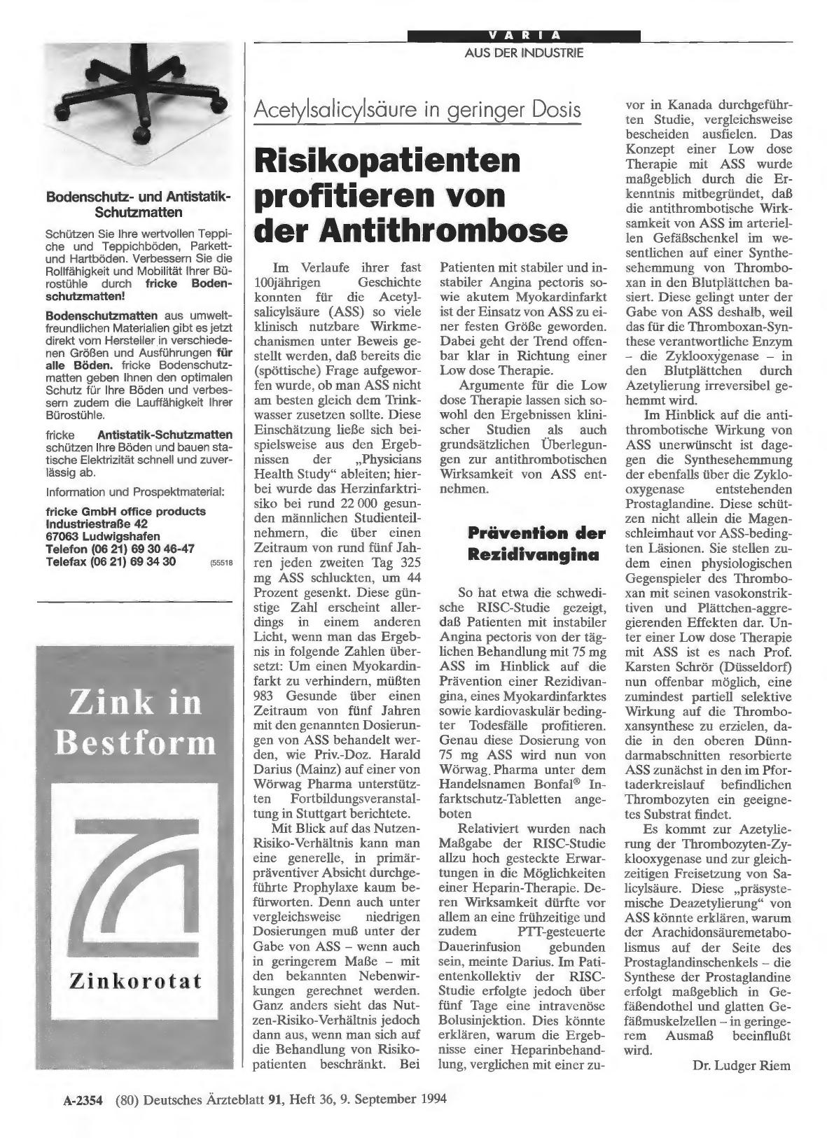Vorschauseite 1: Ace-ylsalicylsäure in geringer Dosis: Risikopatienten profitieren von der Antithrombose