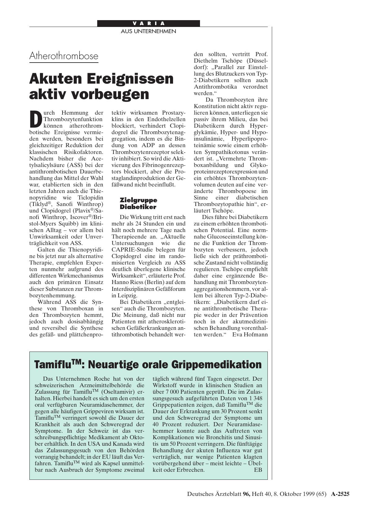 Vorschauseite 1: TamifluTM: Neuartige orale Grippemedikation