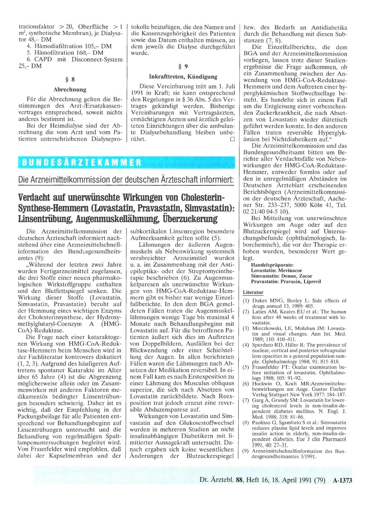 Vorschauseite 1: Die Arzneimittelkommission der deutschen Ärzteschaft informiert: Verdacht auf unerwünschte Wirkungen von Cholesterin-Synthese-Hemmern (Lovastatin, Pravastatin, Simvastatin): Linse…