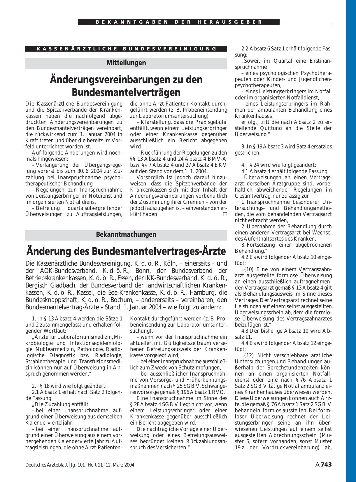 Vorschauseite 1: Mitteilungen: Änderungsvereinbarungen zu den Bundesmantelverträgen