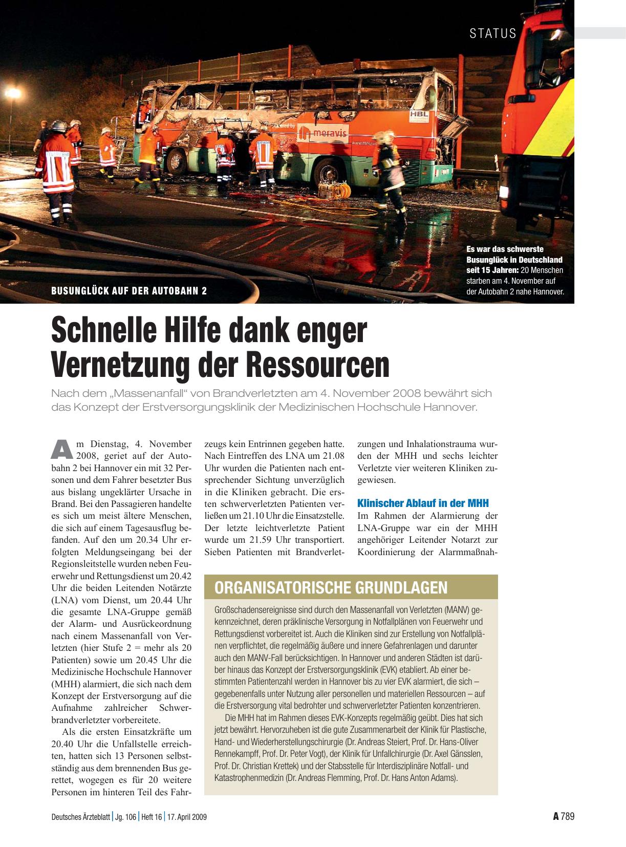 Vorschauseite 1: Busunglück auf der Autobahn 2: Schnelle Hilfe dank enger Vernetzung der Ressourcen