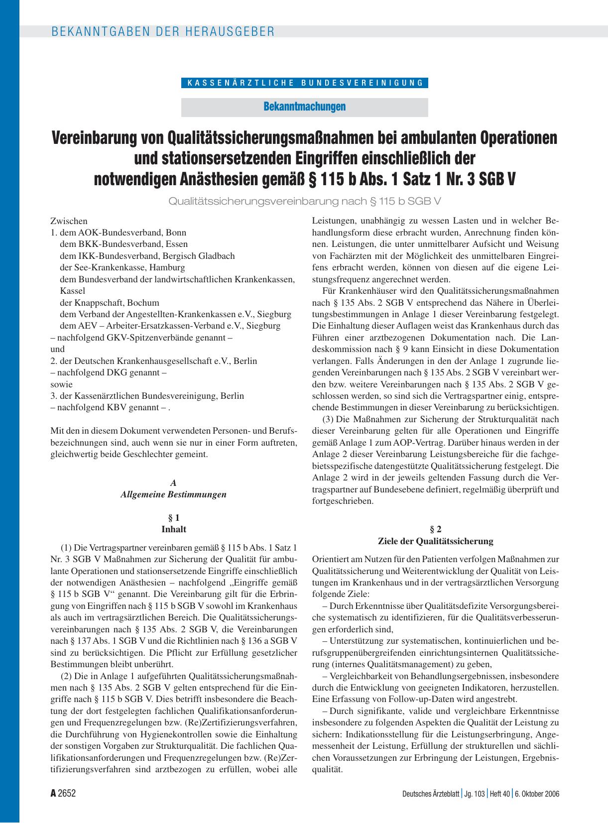 Vorschauseite 1: Bekanntmachungen: Vereinbarung von Qualitätssicherungsmaßnahmen bei ambulanten Operationen und stationsersetzenden Eingriffen einschließlich der notwendigen Anästhesien gemäß § 11…