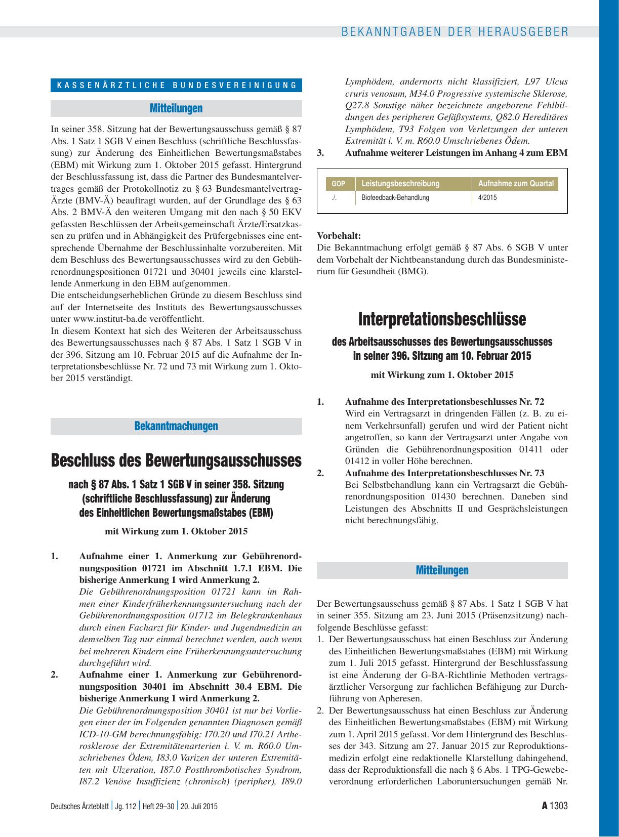 Vorschauseite 1: Beschluss des Bewertungsausschusses nach § 87 Abs. 1 Satz 1 SGB V in seiner 358. Sitzung (schriftliche Beschlussfassung) zur Änderung des Einheitlichen Bewertungsmaßstabes (EBM)