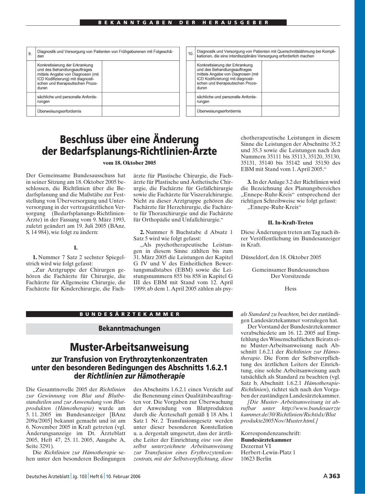 Vorschauseite 1: Bekanntmachungen: Muster-Arbeitsanweisung zur Transfusion von Erythrozytenkonzentraten unter den besonderen Bedingungen des Abschnitts 1. 6. 2. 1 der Richtlinien zur Hämotherapie