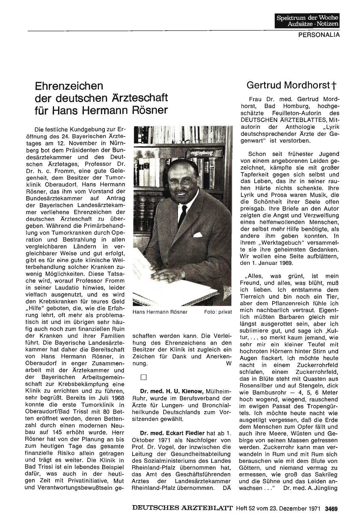 Vorschauseite 1: Ehrenzeichen der deutschen Ärzteschaft für Hans Hermann Rösner