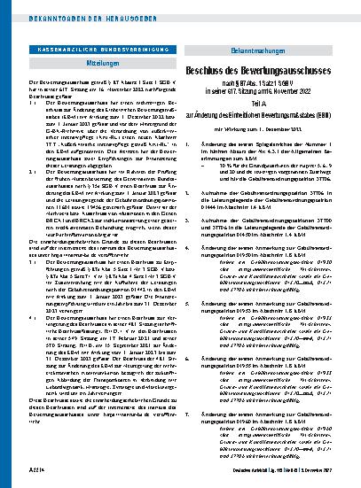 Vorschauseite 1: Beschluss des Bewertungsausschusses nach § 87 Abs. 1 Satz 1 SGB V in seiner 617. Sitzung am 16. November 2022