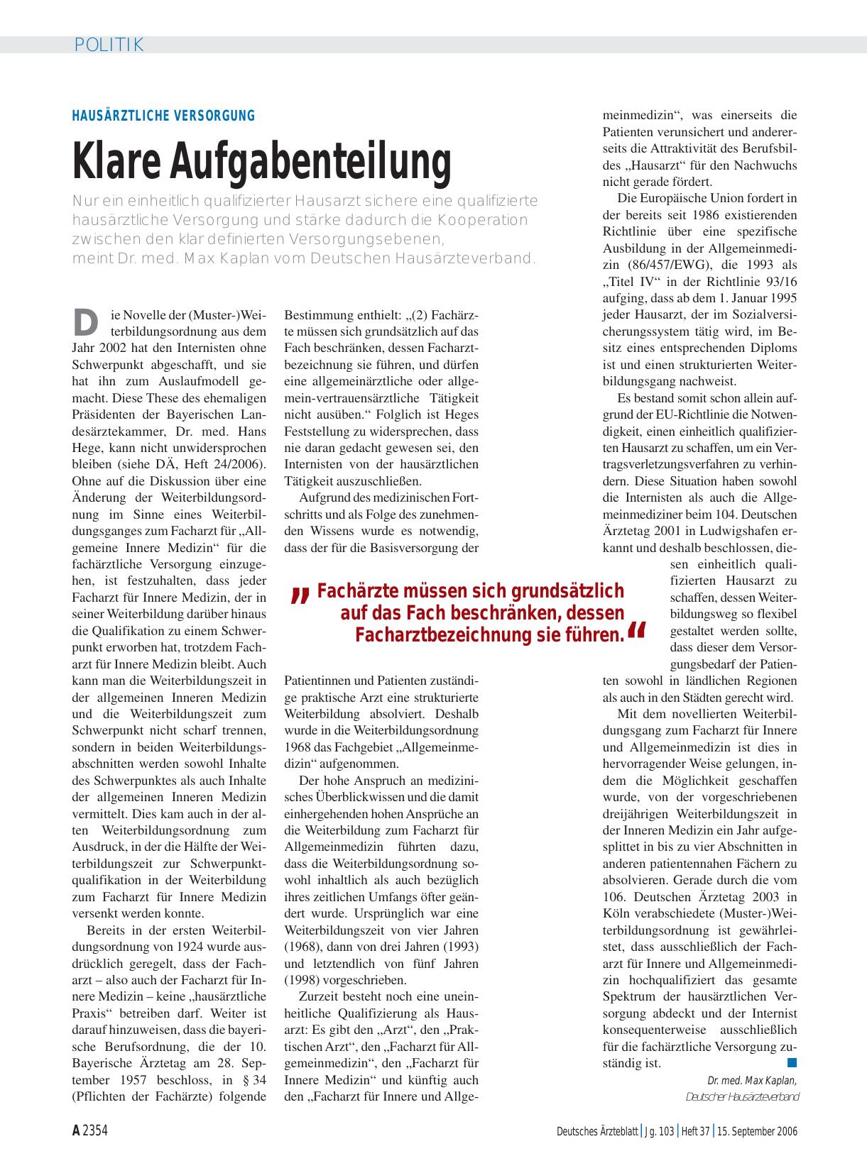 Vorschauseite 1: Hausärztliche Versorgung: Klare Aufgabenteilung