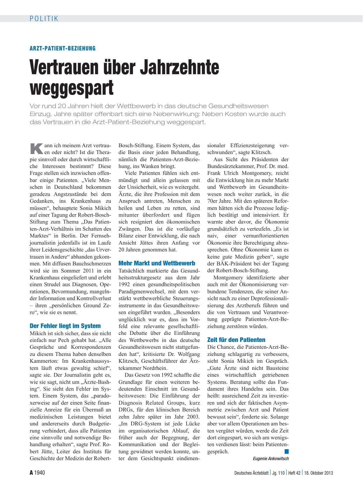 Vorschauseite 1: Arzt-Patient-Beziehung: Vertrauen über Jahrzehnte weggespart
