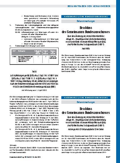 Vorschauseite 1: Beschluss des Gemeinsamen Bundesausschusses über eine Änderung der Arzneimittel-Richtlinie: Autologe Anti-CD19-transduzierte CD3+ Zellen