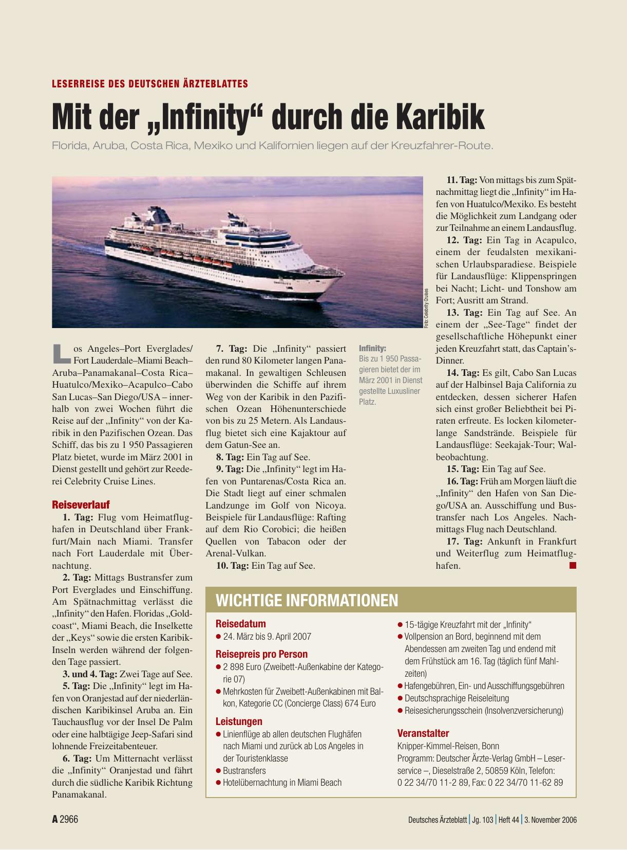 Vorschauseite 1: Leserreise des Deutschen Ärzteblattes: Mit der „Infinity“ durch die Karibik