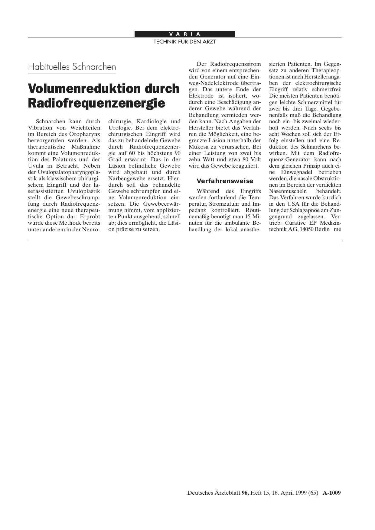 Vorschauseite 1: Habituelles Schnarchen: Volumenreduktion durch Radiofrequenzenergie