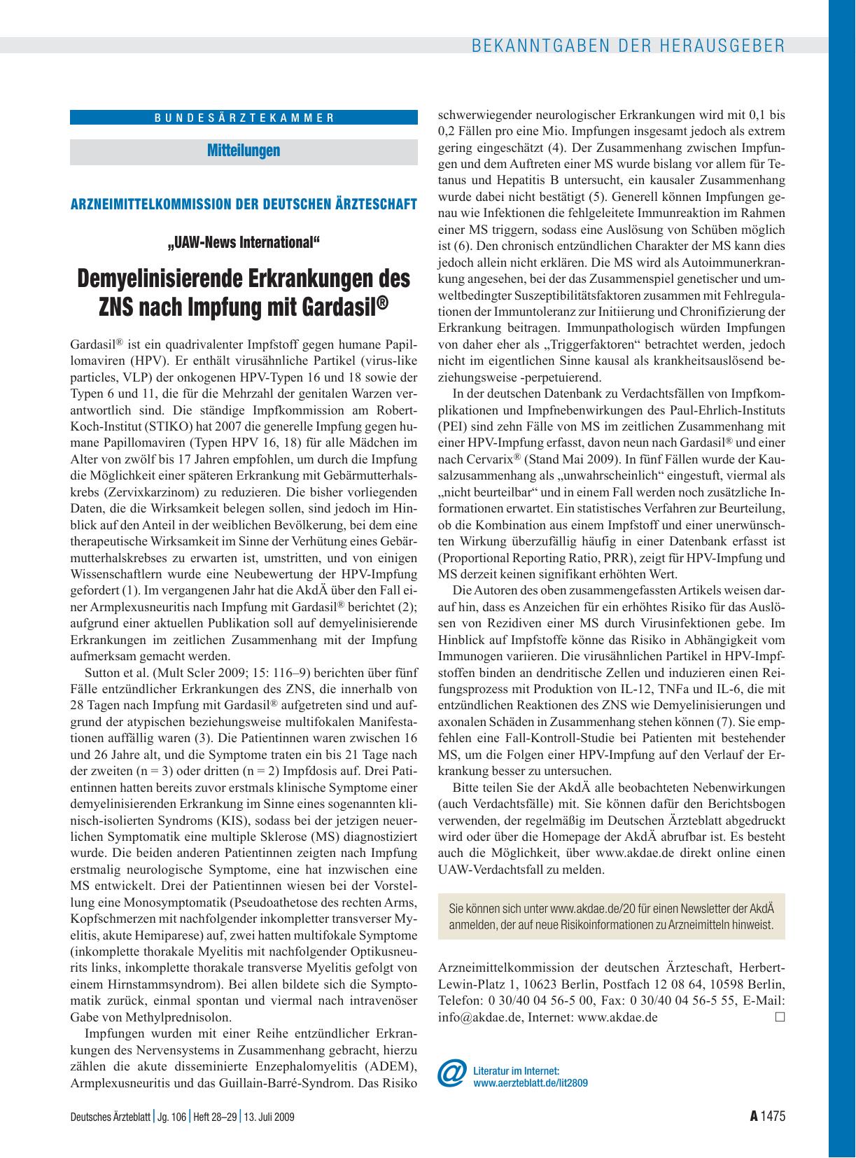 Vorschauseite 1: Arzneimittelkommission der deutschen Ärzteschaft: „UAW-News International“ - Demyelinisierende Erkrankungen des ZNS nach Impfung mit Gardasil®