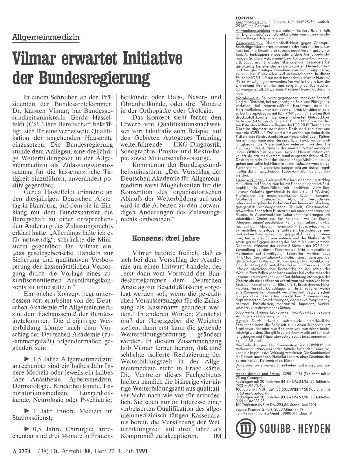 Vorschauseite 1: Allgemeinmedizin: Vilmar erwartet Initiative der Bundesregierung