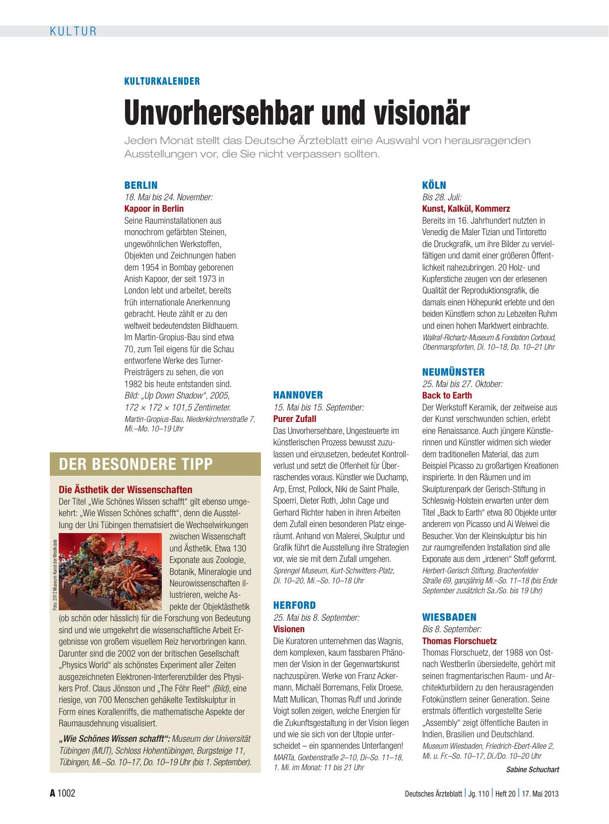 Vorschauseite 1: Kulturkalender: Unvorhersehbar und visionär
