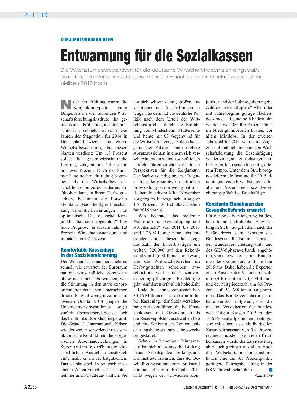 Vorschauseite 1: Konjunkturaussichten: Entwarnung für die Sozialkassen
