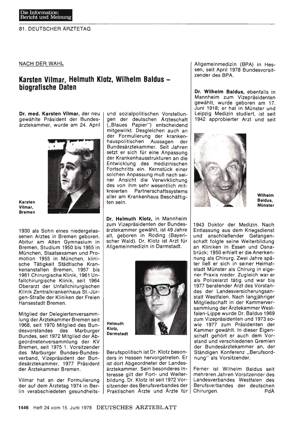 Vorschauseite 1: Nach der Wahl: Karsten Vilmar, Helmuth Klotz, Wilhelm Baldus — biografische Daten
