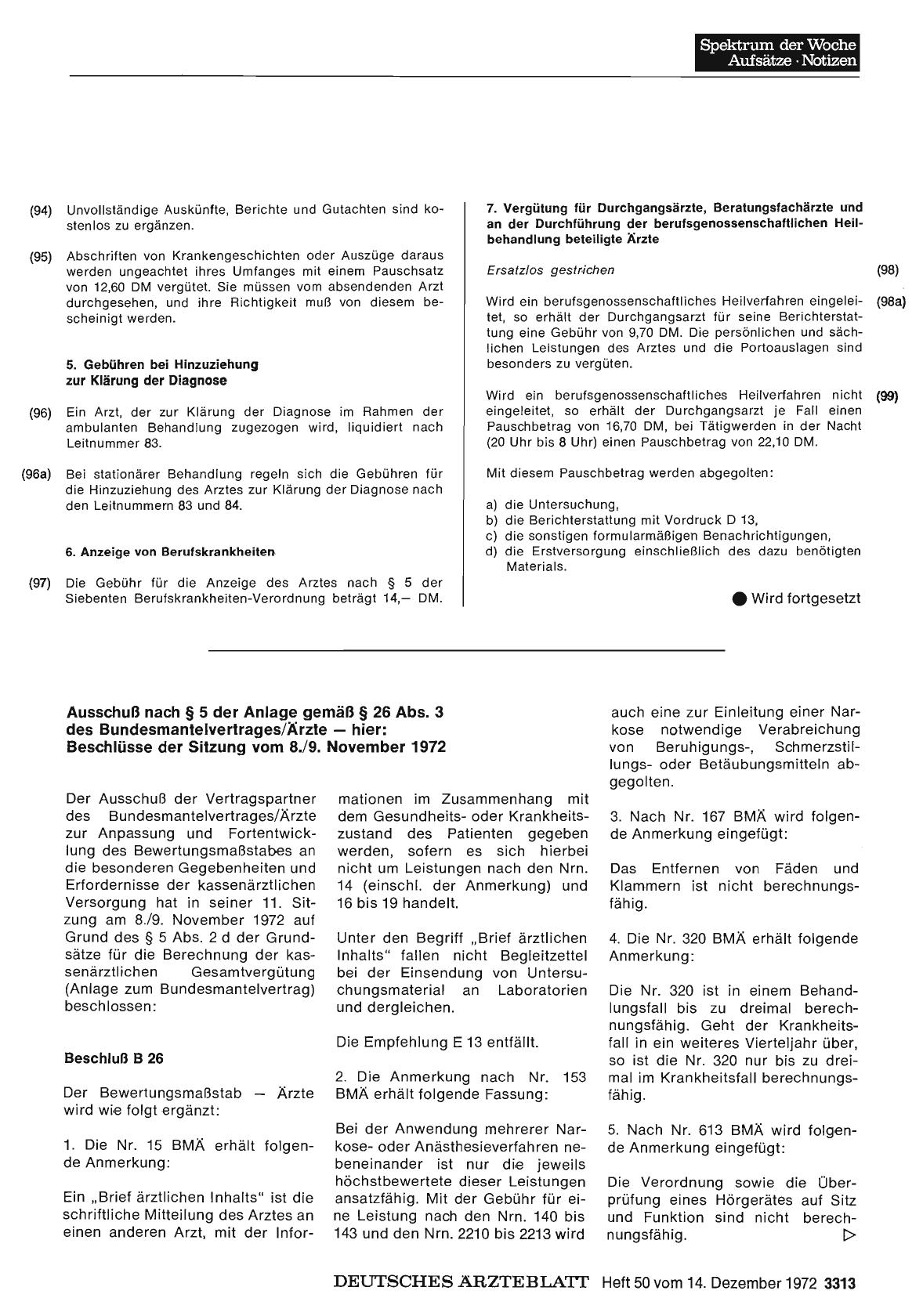 Vorschauseite 1: Ausschuß nach § 5 der Anlage gemäß § 26 Abs. 3 des Bundesmantelvertrages/Ärzte — hier: Beschlüsse der Sitzung vom 8. /9. November 1972
