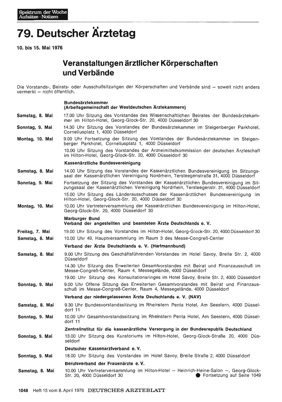 Vorschauseite 1: 79. Deutscher Ärztetag 10. bis 15. Mai 1976: Veranstaltungen ärztlicher Körperschaften und Verbände