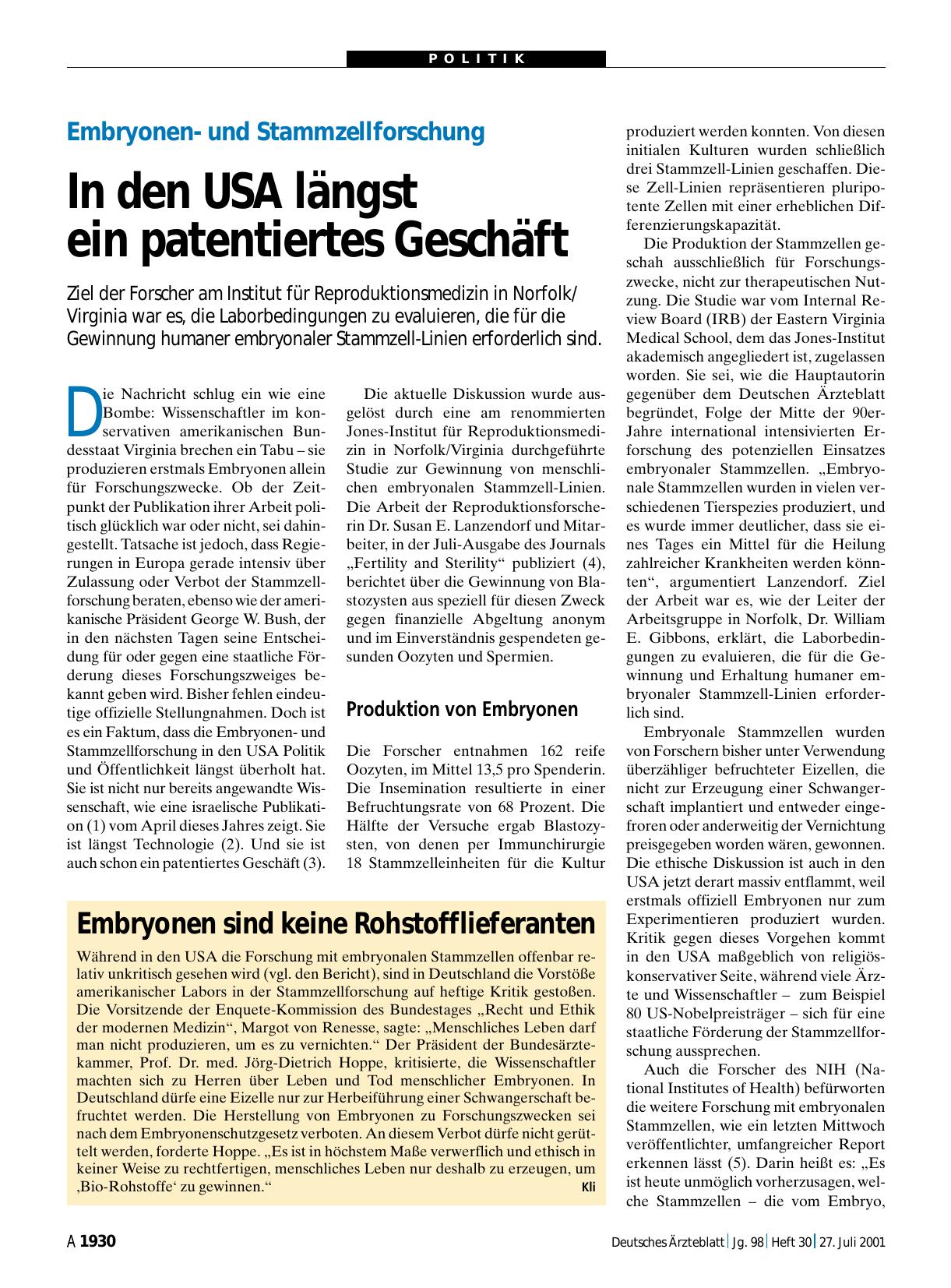 Vorschauseite 1: Embryonenund Stammzellforschung: In den USA längst ein patentiertes Geschäft