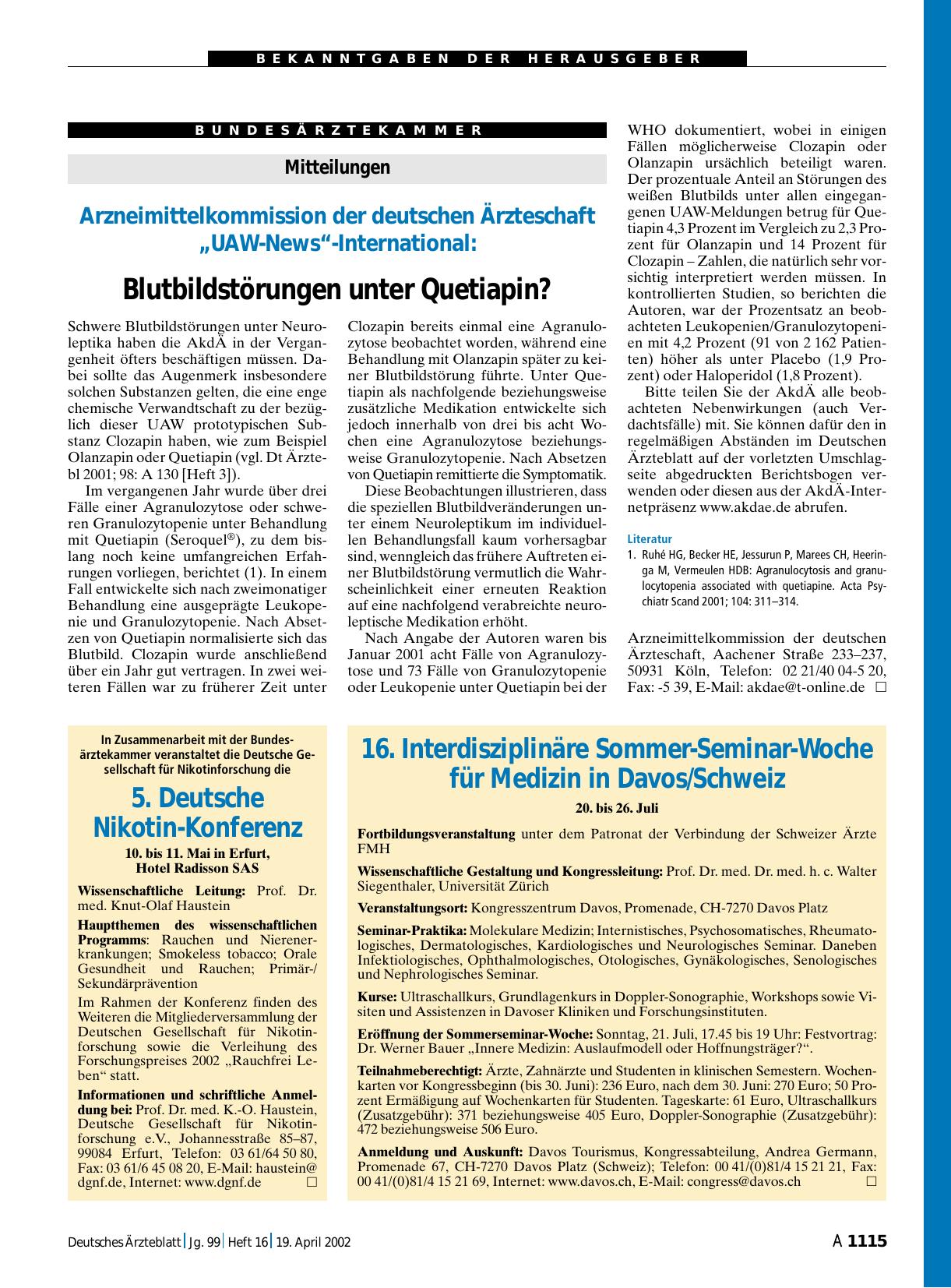Vorschauseite 1: 16. Interdisziplinäre Sommer-Seminar-Woche für Medizin in Davos/Schweiz