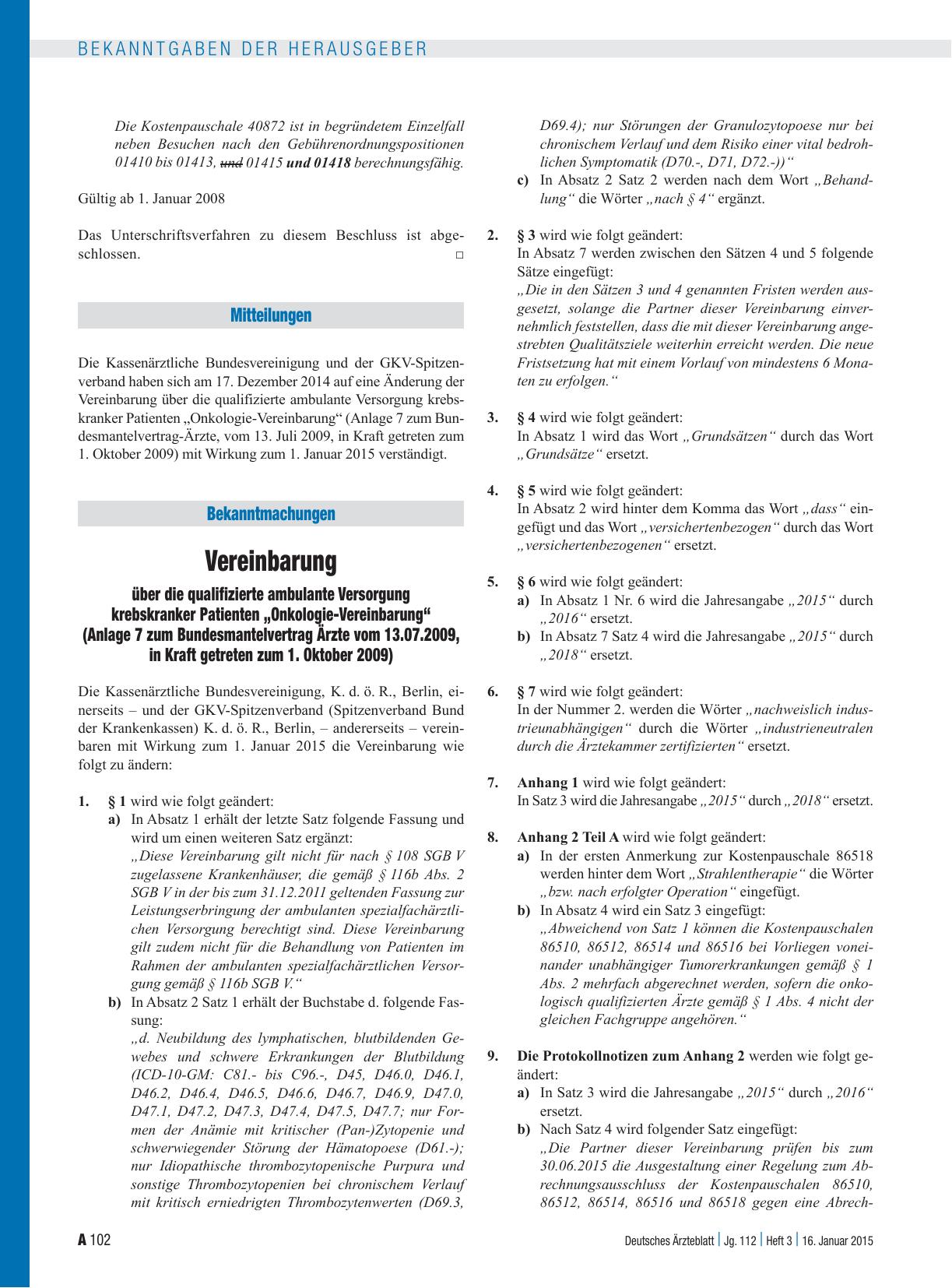 Vorschauseite 1: Vereinbarung über die qualifizierte ambulante Versorgung krebskranker Patienten „Onkologie-Vereinbarung“ (Anlage 7 zum Bundesmantelvertrag Ärzte vom 13. 07. 2009, in Kraft getrete…