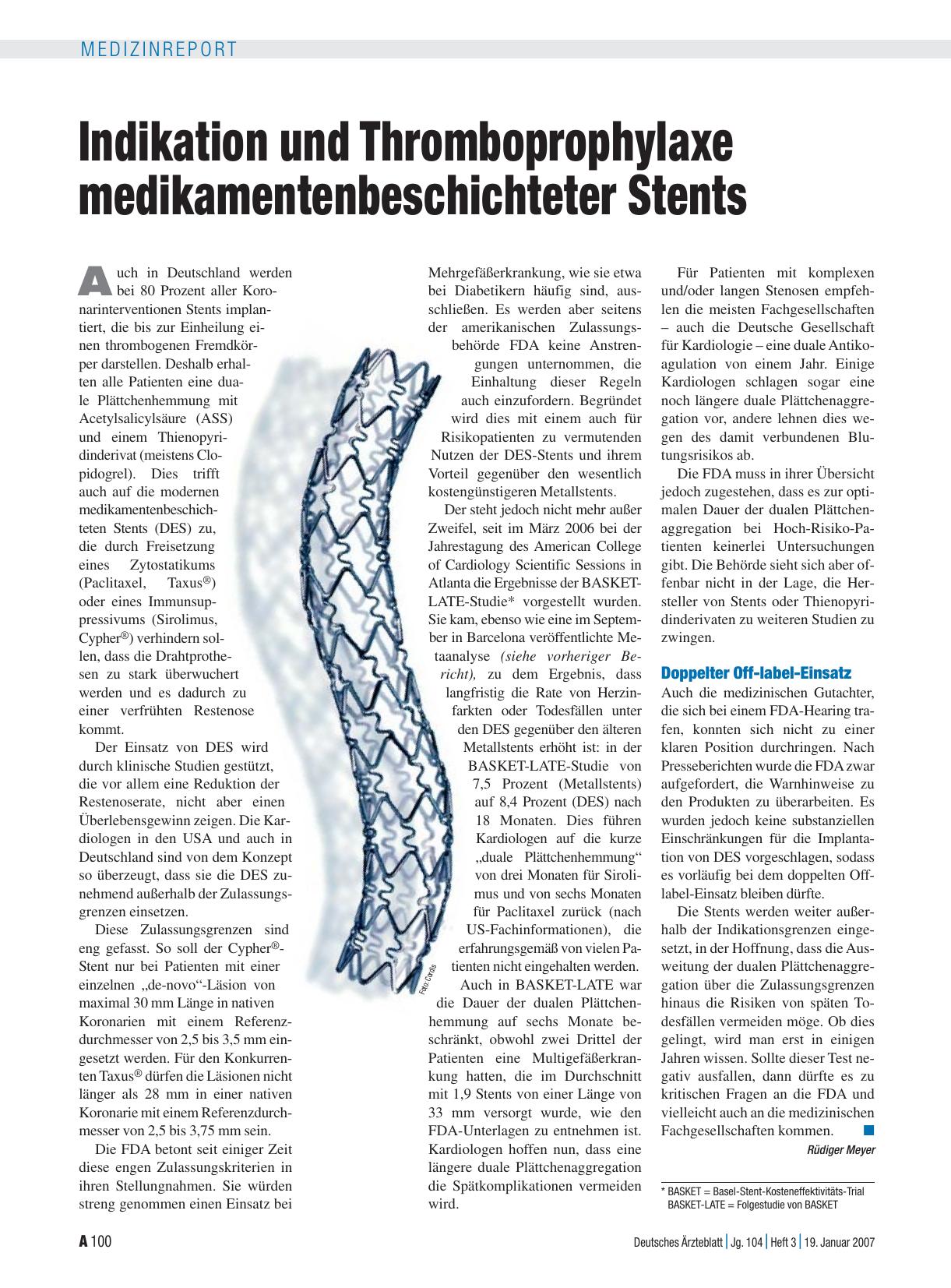 Vorschauseite 1: Indikation und Thromboprophylaxe medikamentenbeschichteter Stents