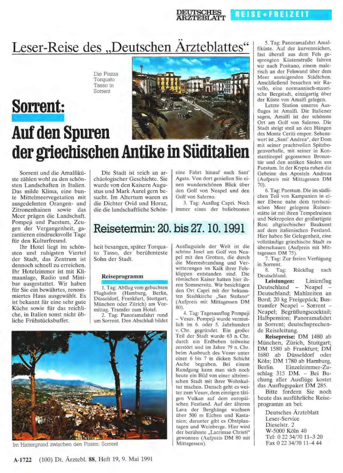 Vorschauseite 1: Leser-Reise des „Deutschen Ärzteblattes“: Sorrent: Auf den Spuren der griechischen Antike in Süditalien