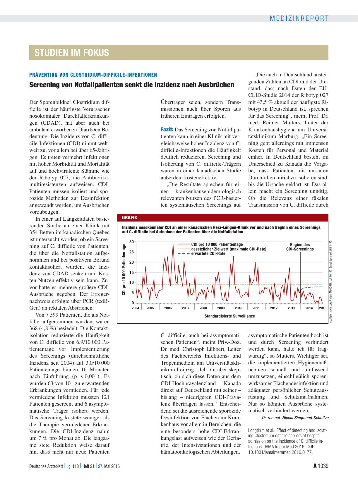Vorschauseite 1: Prävention von Clostridium-difficile-Infektionen: Screening von Notfallpatienten senkt die Inzidenz nach Ausbrüchen