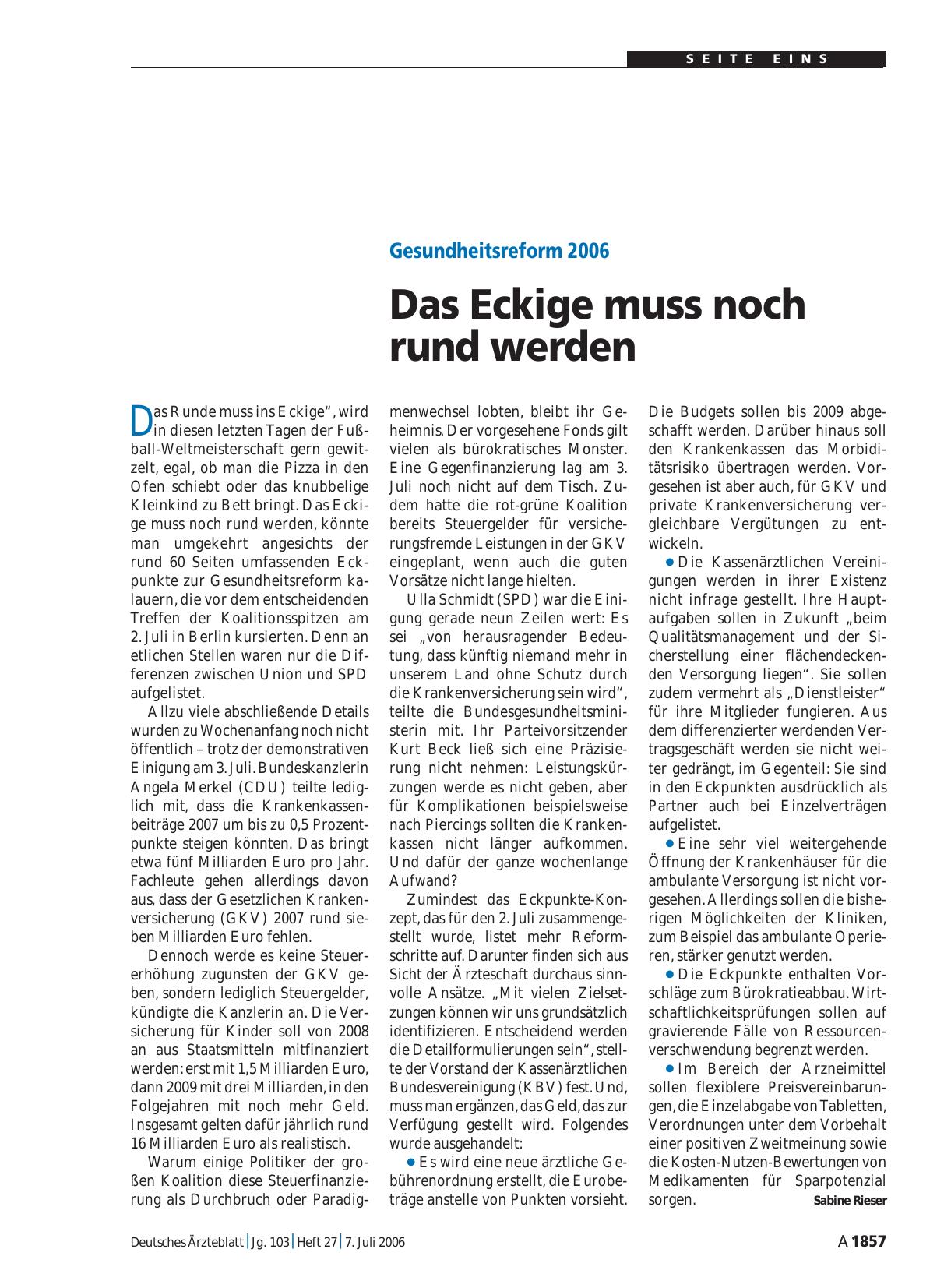 Vorschauseite 1: Gesundheitsreform 2006: Das Eckige muss noch rund werden