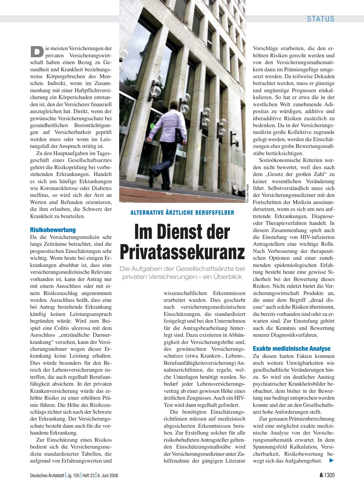 Vorschauseite 1: Alternative ärztliche Berufsfelder: Im Dienst der Privatassekuranz