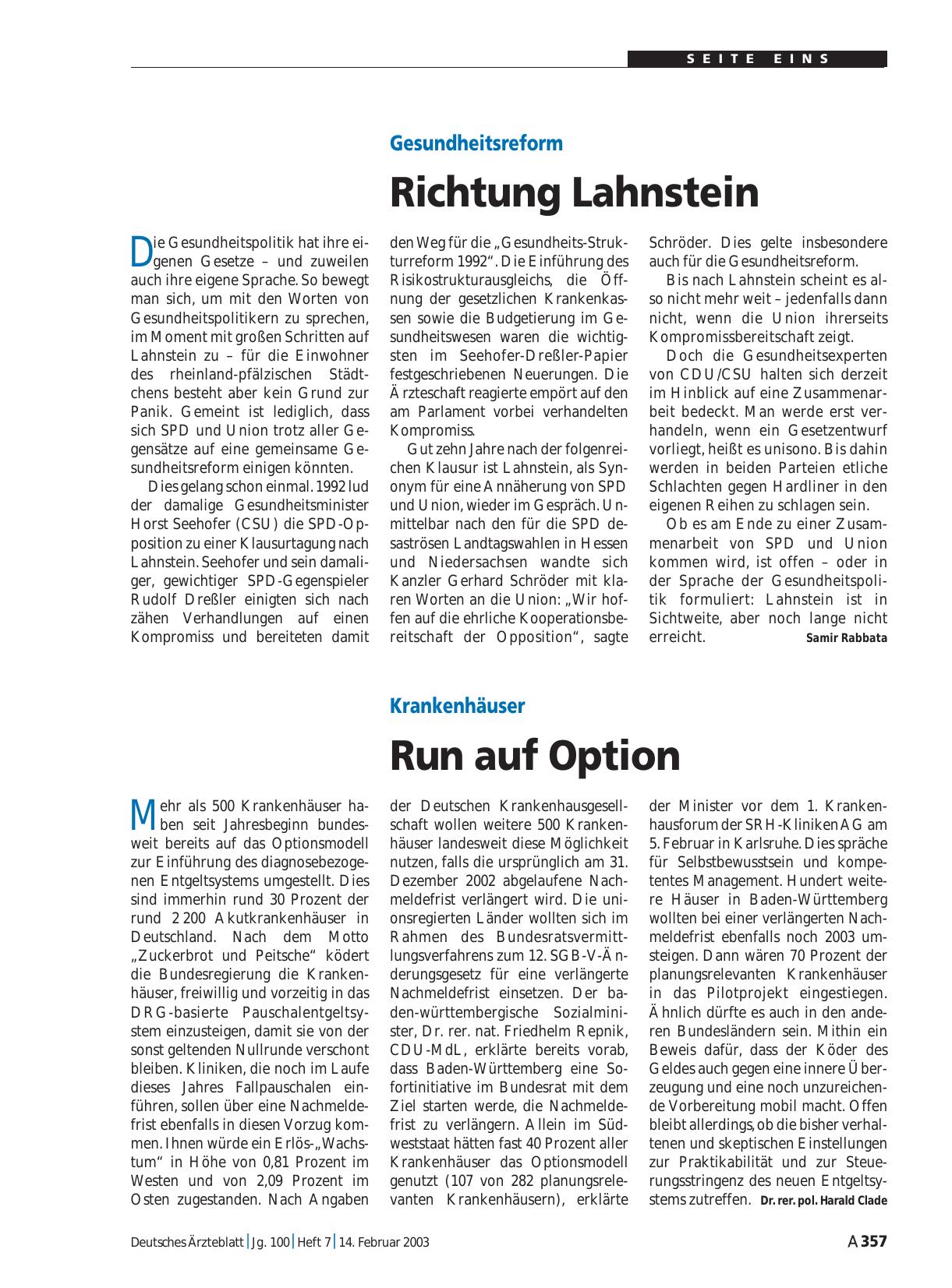 Vorschauseite 1: Krankenhäuser: Run auf Option