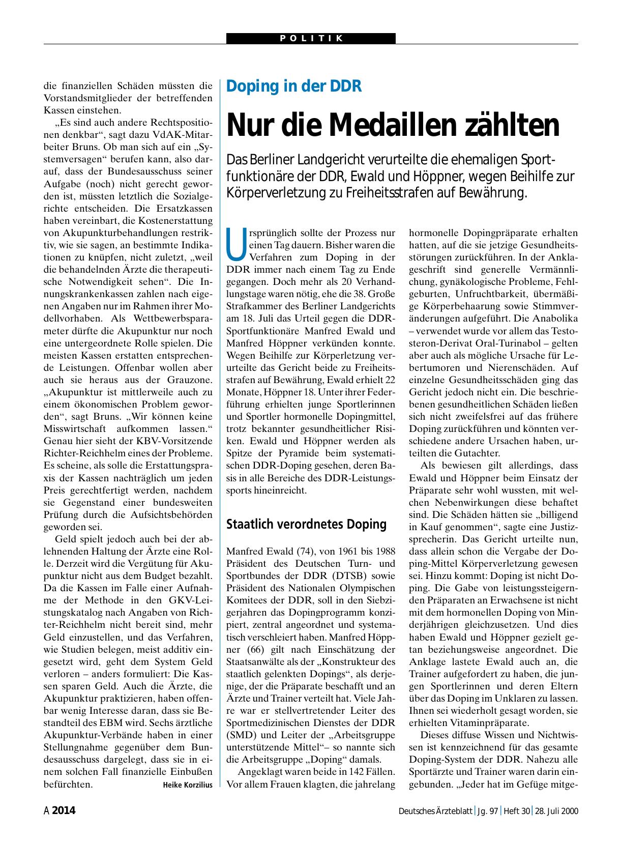 Vorschauseite 1: Doping in der DDR: Nur die Medaillen zählten
