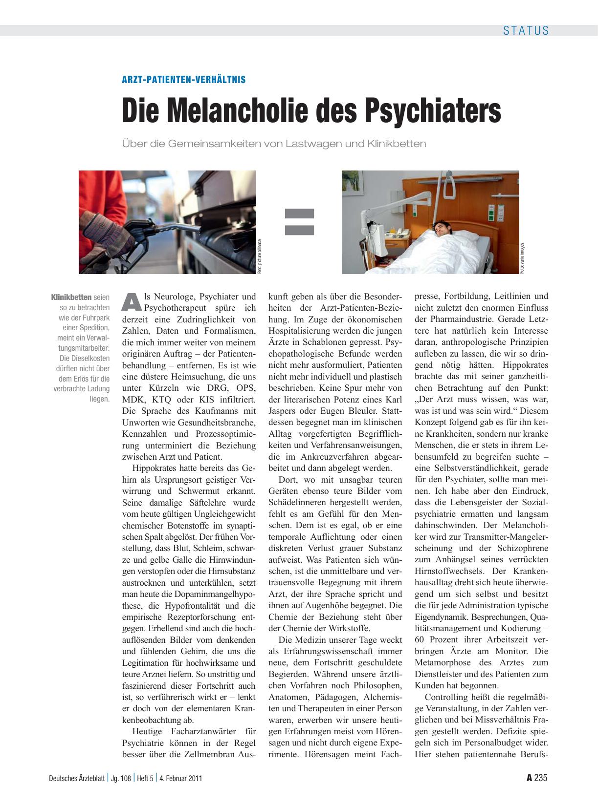 Vorschauseite 1: Arzt-Patienten-Verhältnis: Die Melancholie des Psychiaters