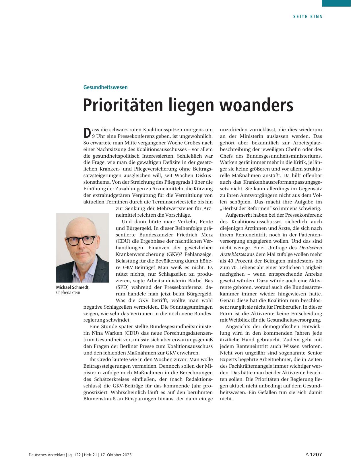 Vorschauseite 1: Gesundheitswesen: Prioritäten liegen woanders