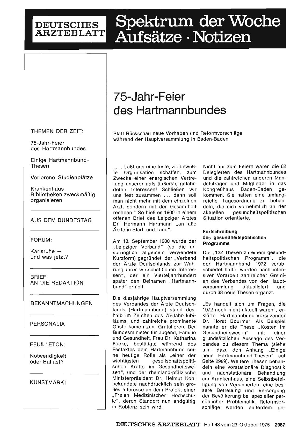 Vorschauseite 1: 75-Jahr-Feier des Hartmannbundes: Statt Rückschau neue Vorhaben und Reformvorschläge während der Hauptversammlung in Baden-Baden