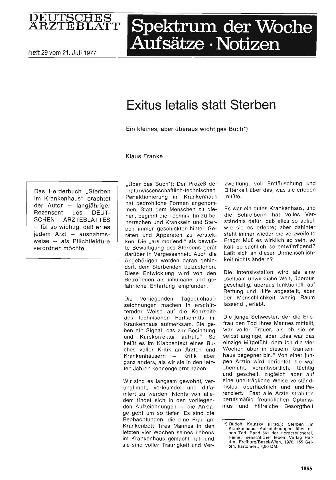 Vorschauseite 1: Exitus letalis statt Sterben: Ein kleines, aber überaus wichtiges Buch