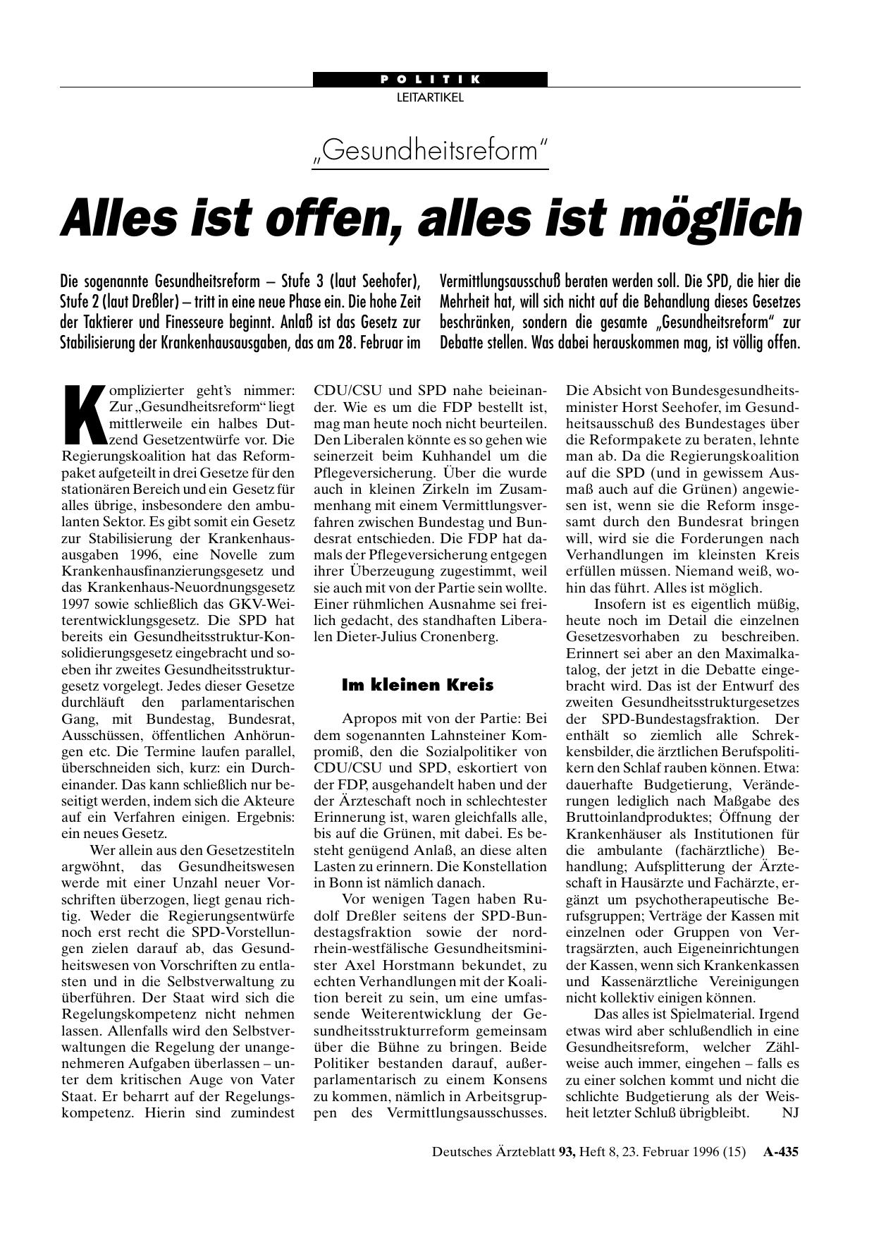 Vorschauseite 1: „Gesundheitsreform„: Alles ist offen, alles ist möglich