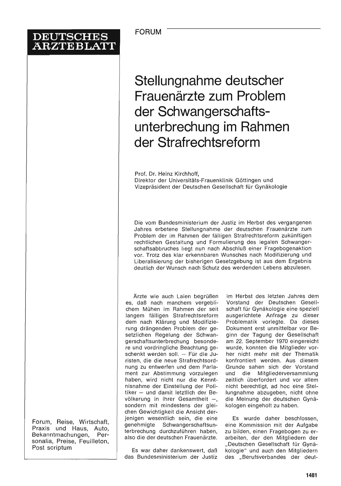 Vorschauseite 1: Stellungnahme deutscher Frauenärzte zum Problem der Schwangerschaftsunterbrechung im Rahmen der Strafrechtsreform