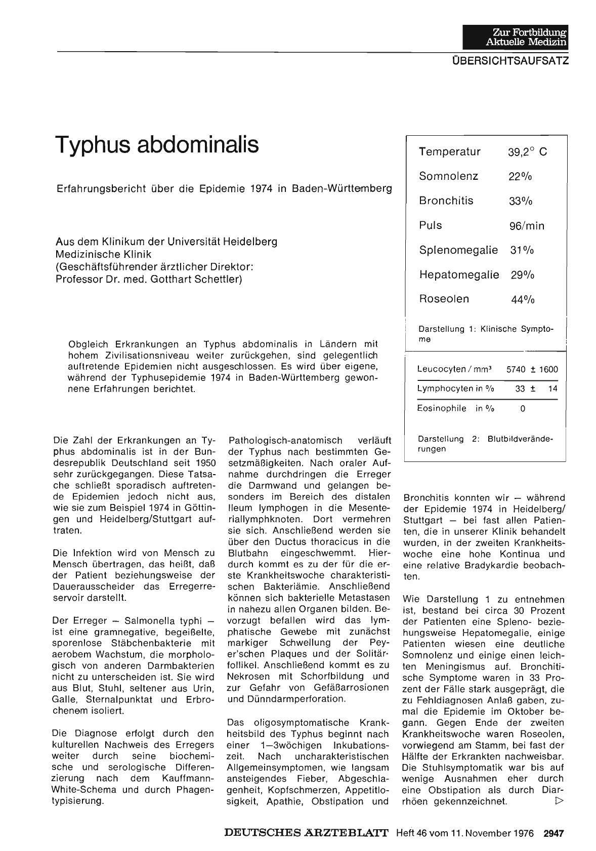 Vorschauseite 1: Typhus abdominalis Erfahrungsbericht über die Epidemie 1974 in Baden-Württemberg