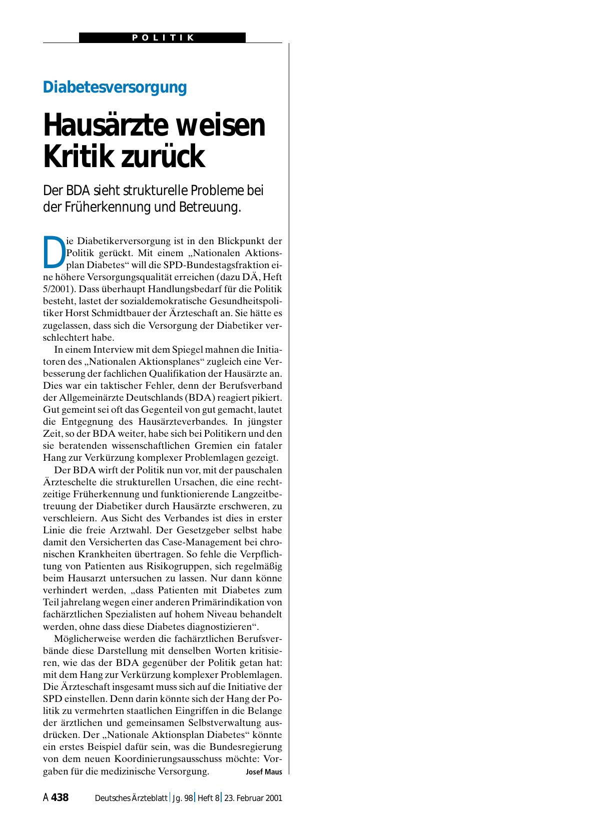 Vorschauseite 1: Diabetesversorgung: Hausärzte weisen Kritik zurück
