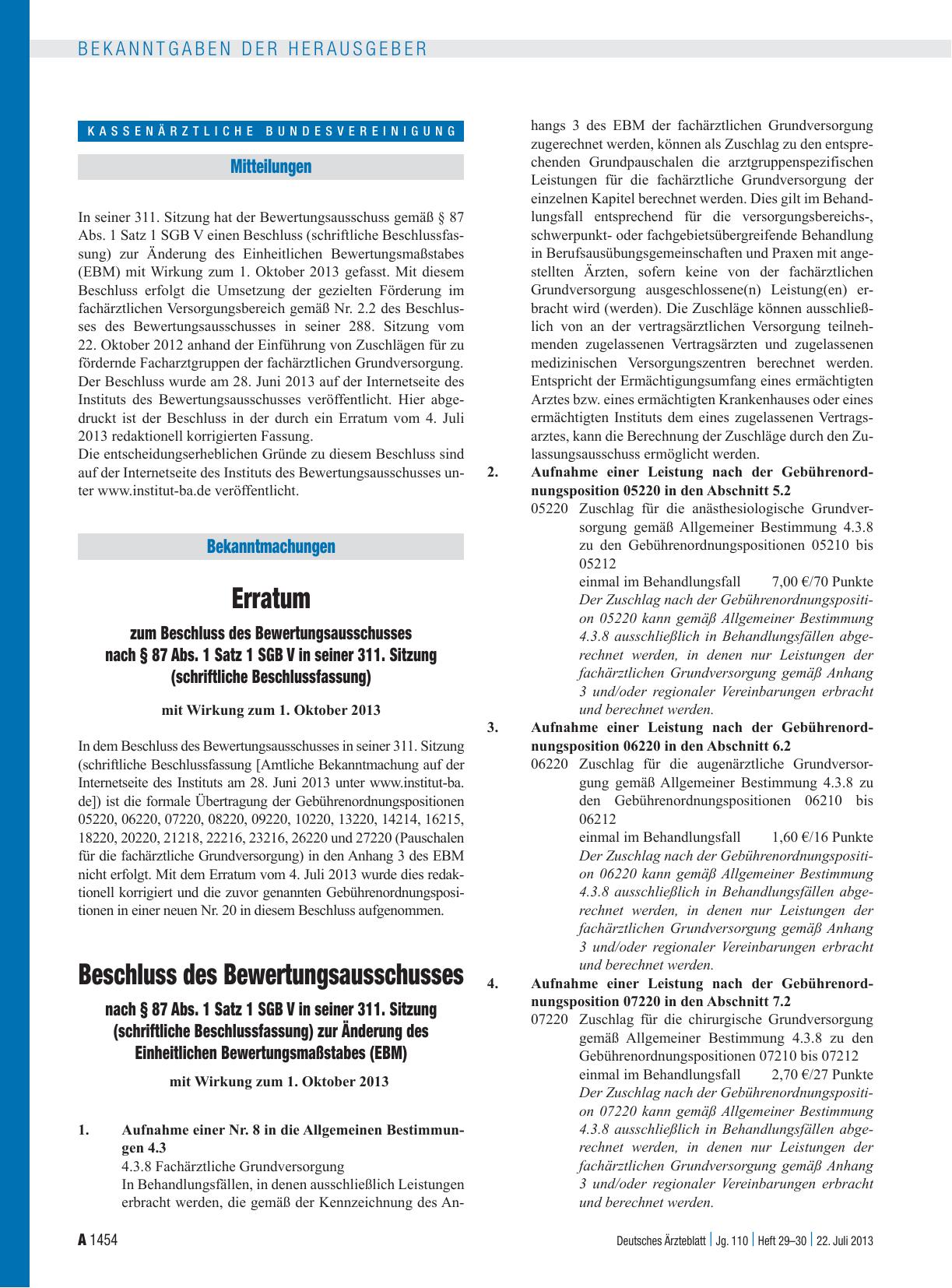 Vorschauseite 1: Erratum zum Beschluss des Bewertungsausschusses nach § 87 Abs. 1 Satz 1 SGB V in seiner 311. Sitzung (schriftliche Beschlussfassung) / Beschluss des Bewertungsausschusses nach § 8…